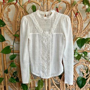 Free People Edwardian High Lace Collar Long Sleeve Shirt Cream Size Small